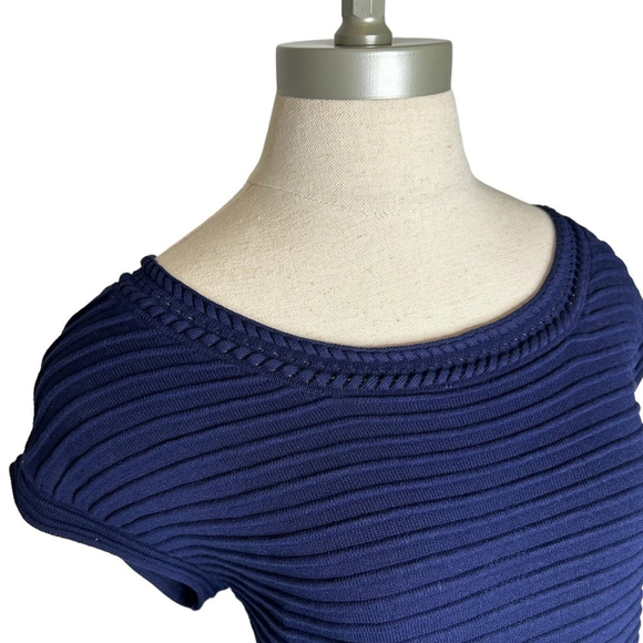 Venus Navy Blue Short Sleeve Cocktail Fringe Sweater Knit Dress Size Medium - Picture 4 of 13